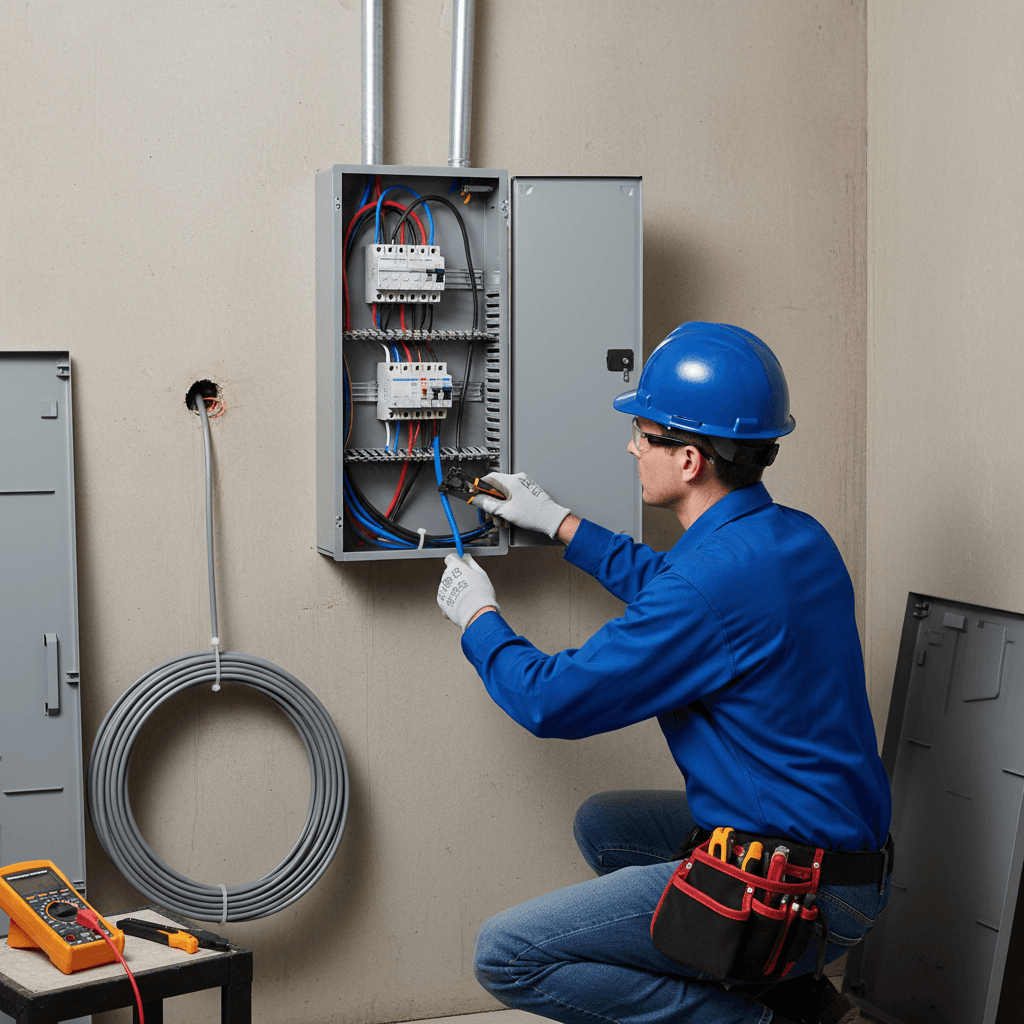 Eletricista conectando fiação em quadro elétrico para ar condicionado