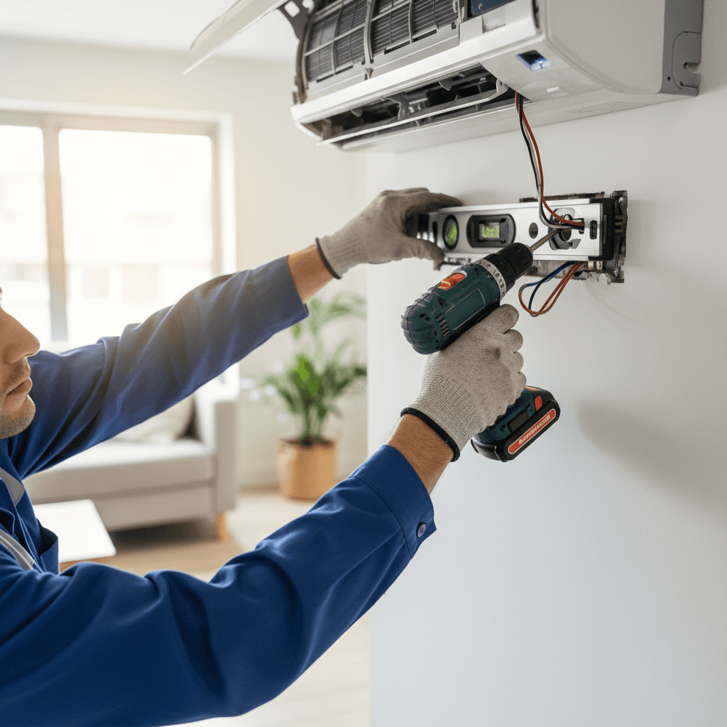 HVAC technician installing split-unit air conditioner on residential wall with precision tools and professional technique